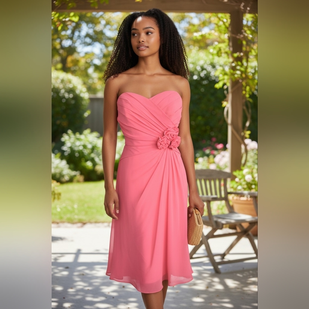 Alfred Angelo Strapless Coral-Pink Floral Applique Midi Dress